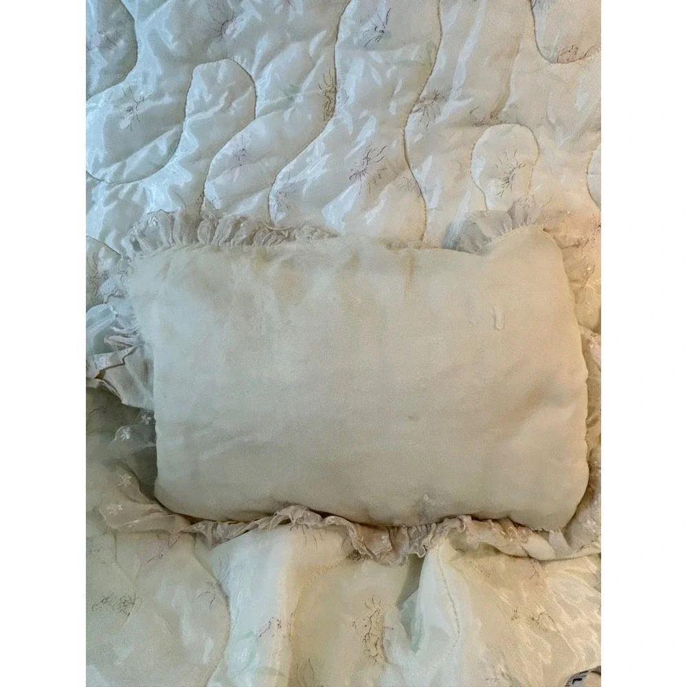 Vintage Yellow Floral Cherub Baby Comforter and Pillow Set Ruffle Lace Trim